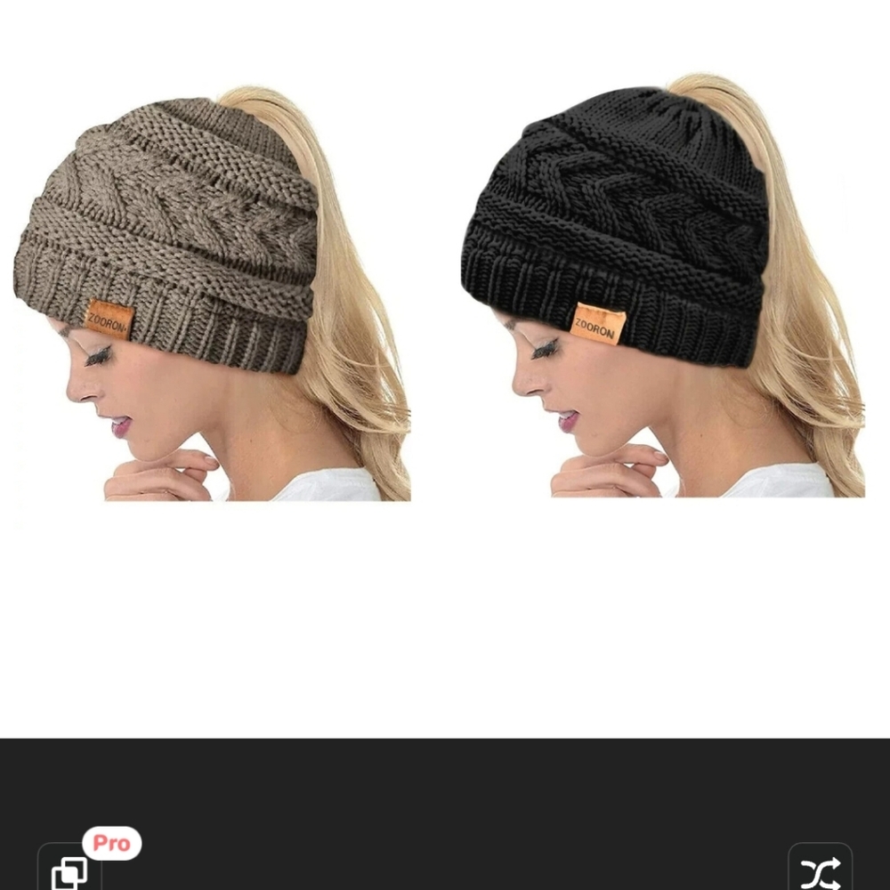 2 Pack Beanie Hats black tan Women Messy High Ponytail Warm Cable Knit Winter